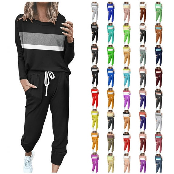 Eryao Women's Color Block 2 Piece Tracksuit Round Neck Long Sleeve Shirts Matcing Drawstring Sweatpants Outfits Fall Winter Lightweight Lounge Sets,Yellow,S