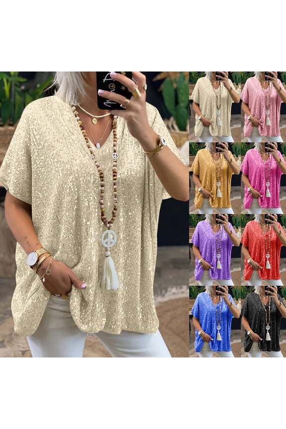 Deep V Neck Tops for Women Plus Size Short Sleeve Full Sequin Shirts 2025 Womens Spring Casual Basic Solid Color Tees,Red,S