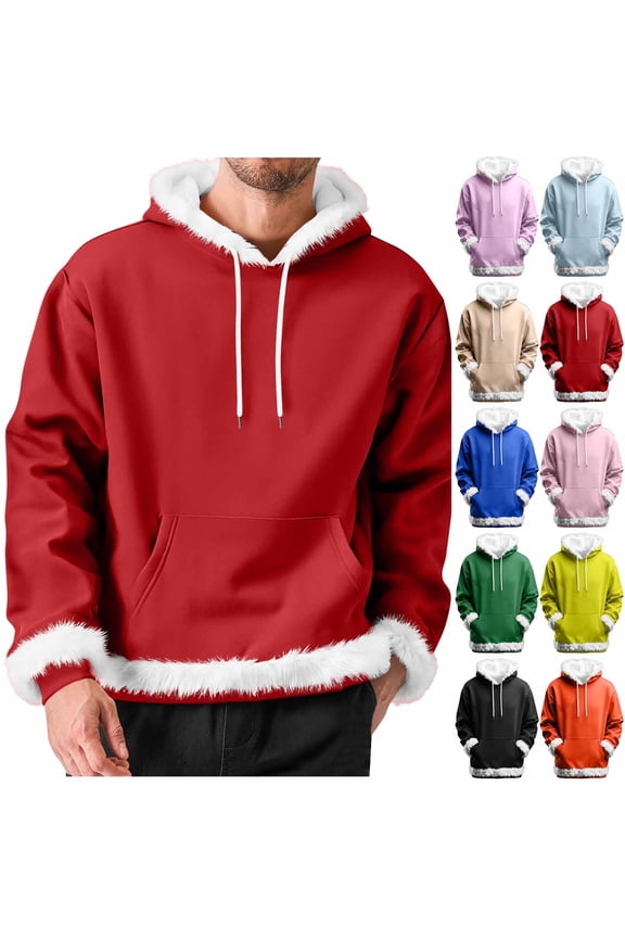 Faux Fur Trim Hoodie Men Long Sleeve Drawstring Sweatshirts with Kangaroo Pocket Oversized Hooded Pullover,Pink,S