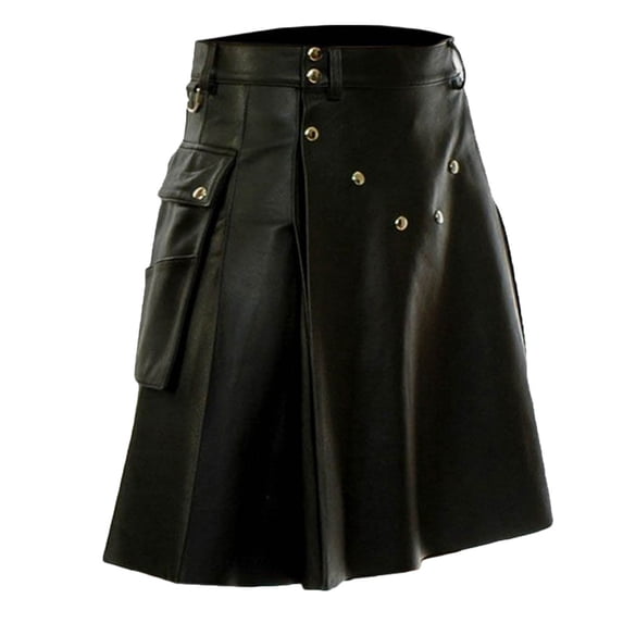 Eryao Faux Leather Kilt for Men High Waist Vintage Highland Pleated Skirt with Cargo Pockets,Black,XL
