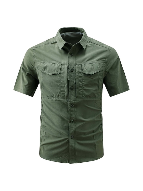 Fishing Cargo Shirts for Men Button Up Short Sleeve Collared Blouses Quick Dry Outdoor Work Hiking Tops,Army Green,XXXXL