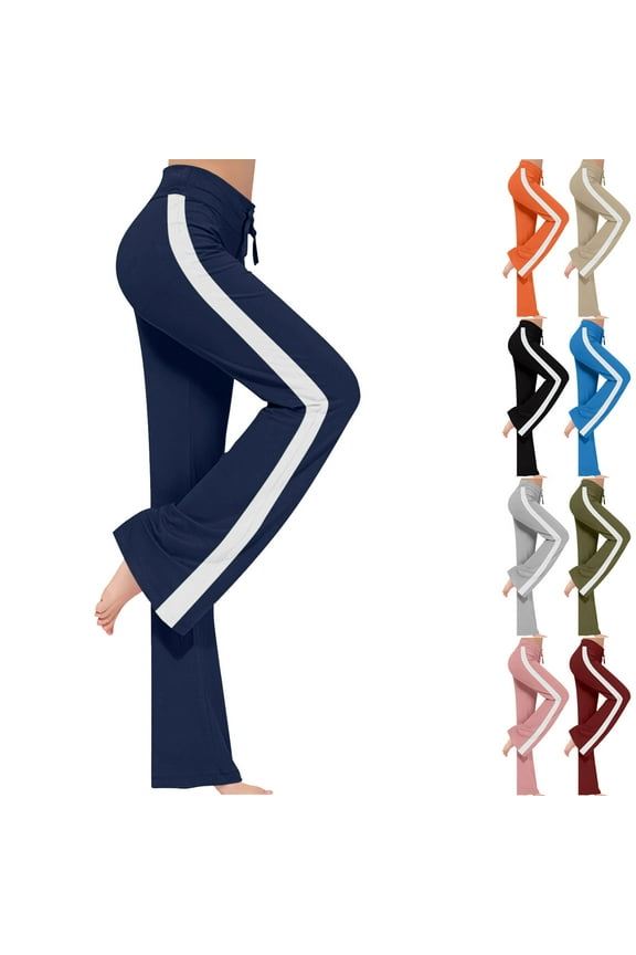 Flare Leg Workout Pants with Stripe Down the Side for Women Summer Plus Size Yoga Drawstring Leggings 2025 Dressy Casual Athletic Trousers,Dark Blue,XXXL