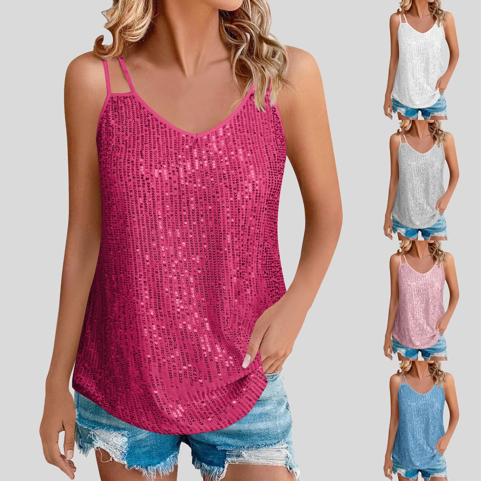 Pink Sequin Embellished Ruffle Trim Spaghetti Strap Crop Tank Top