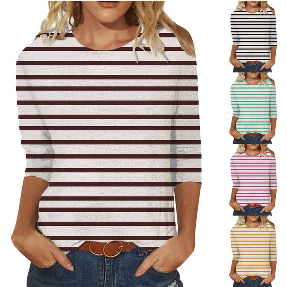 Eryao Flash DealsStriped Shirt Women 3/4 Sleeve Crew Neck Tee Shirts Summer Casual Color Block Tops,Black,XL