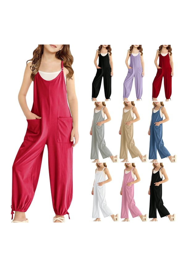 Girl's V Neck Sleeveless Jumpsuits Spaghetti Straps Harem Long Pants Rompers With Pockets 2025 Summer Solid Color Comfy Outfits,Red,11 Years