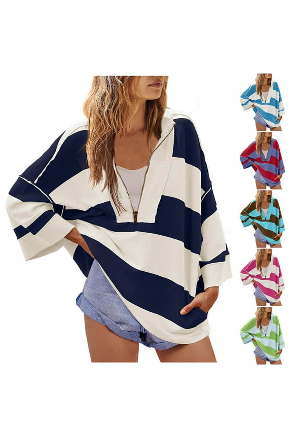 Half Zip Oversized Sweatshirt for Women Long Sleeve Lapel Polo Pullover with Pocket 2024 Teen Girls Fall Trendy V Neck Y2K Clothes,Red,M