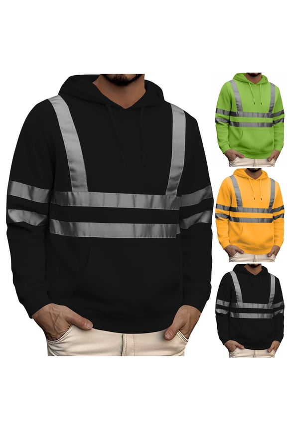 Hi Vis Hoodie for Men High Visibility Reflective Sweatshirts Long Sleeve Work Safety Hooded Pullover,Yellow,XL