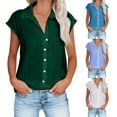 thumbnail image 1 of Eryao Holiday Deals Womens Button Down Shirts 2024 Casual V Neck Collared Cotton Linen Blouses Summer Cap Sleeve Plain Tops,Green,S, 1 of 5