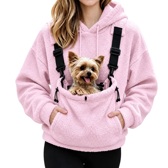 Eryao Hoodie with Pouch for Pet Women Winter Fuzzy Fleece Animal Carrier Hoodies with Adjustable Strap Kangaroo Pocket Warm Plus Size Pullover Sweatshirts for Small Dog Cat Holder Pink,XXL