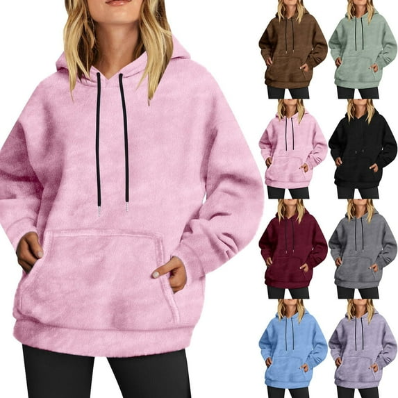Eryao Hoodies for Women Casual Sherpa Fleece Hooded Sweatshirts Solid Color Long Sleeve Plush Pullover Tops with Pockets,Wine,L