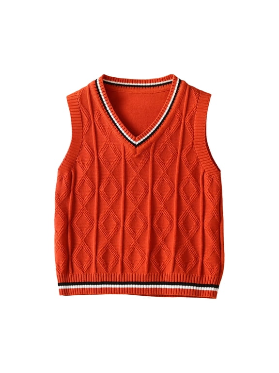 Kids Sweater Vest Boys Unisex Cable Argyle Knit Fall Fashion Vests Casual V Neck Sleeveless Stripe Trim Pullover Preppy Uniform Orange,8 Years
