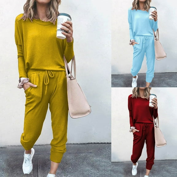 Eryao Ladies 2 Piece Outfits Casual Long Sleeve Pullover and Drawstring Pants with Pockets Tracksuits 2024 Fall Lounge Jogger Sets for Women,Wine,S