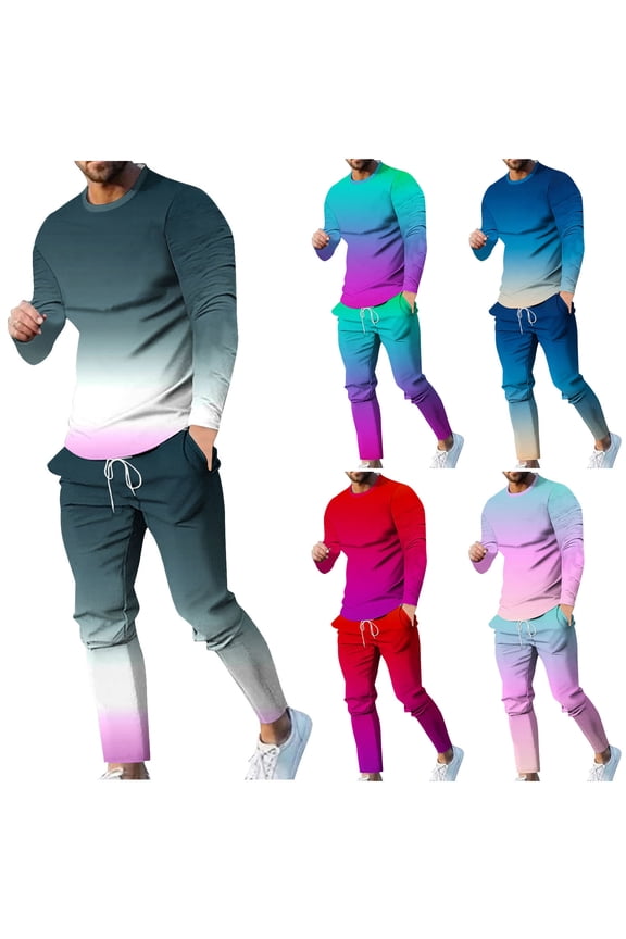 Eryao Tracksuit Set for Men Round Neck Outfits Gradient Suit Long Sleeve Blouse Matching Drawstring Trousers Jogger Sweatsuit with Pockets,Pink,M