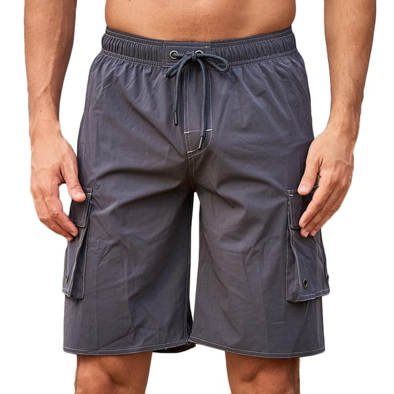 Eryao Lightweight Sports Shorts Men Elastic Waist Beach Vacation Drawstring Cargo Shorts with Pockets,Gray,M