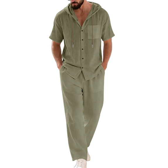 Eryao Linen Beach Set Men Casual Short Sleeve Button Down Hoodies Matching Drawstring Pants with Pockets Summer Vacation Lounge Sets,Army Green,XXL
