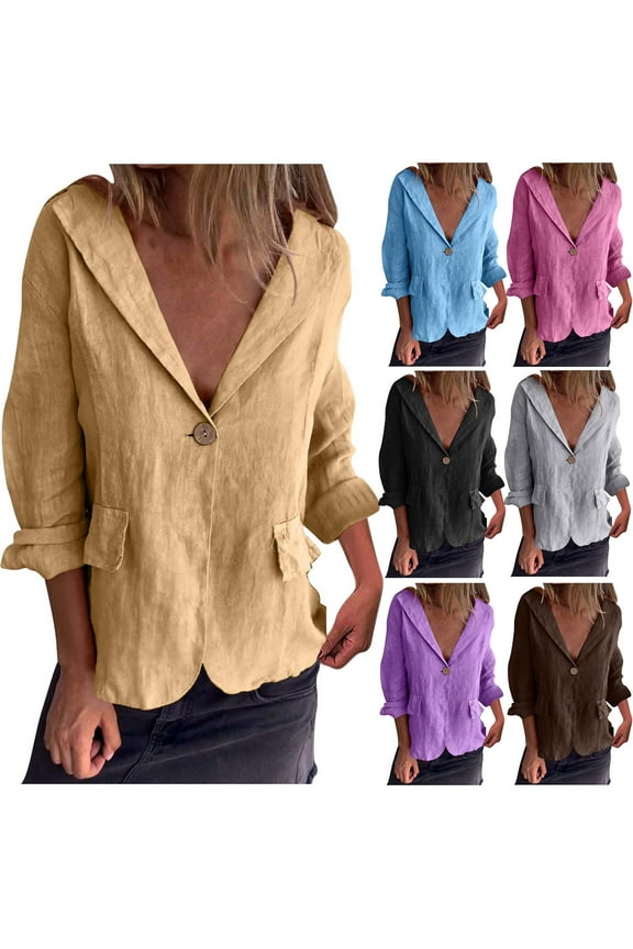 Linen Blazer Jackets for Women 2025 Solid Color Long Sleeve Suit Cardigan Business Casual Open Front Formal Workwear,Blue,M