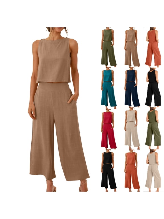 Linen Sets for Women 2 Piece Plus Size Crew Neck Tank Tops and Wide Leg Capri Pants with Pockets Summer Beach Vacation Lounge Suits Duped People Free,Beige,S