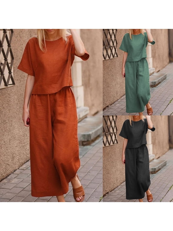 Linen Sets for Women 2 Piece Short Sleeve Round Neck Tops Matching Wide Leg Pants with Pockets 2025 Summer Beach Vacation Lounge Suits People Free Duped,Red,S