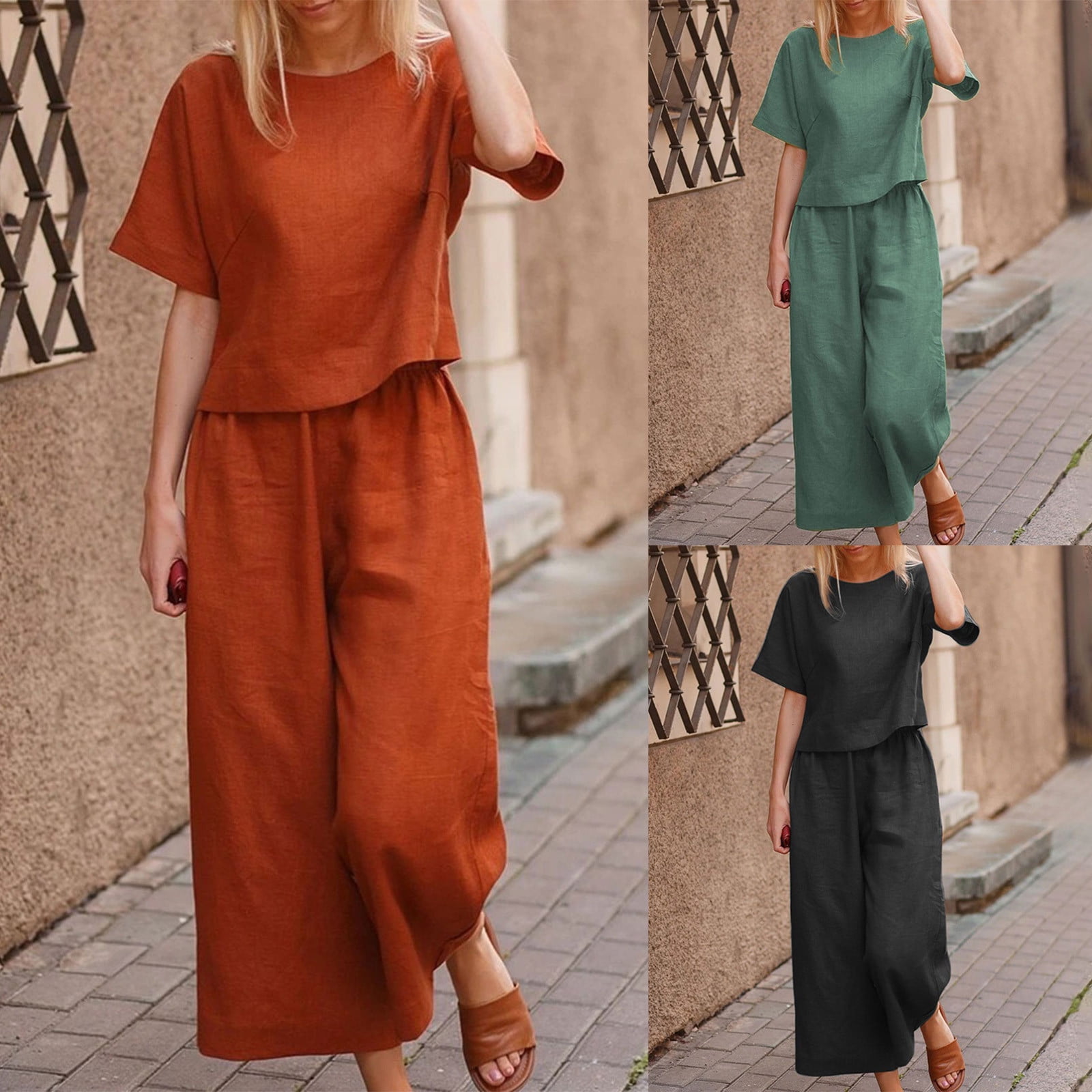 Eryao Linen Sets for Women 2 Piece Short Sleeve Round Neck Tops — free download