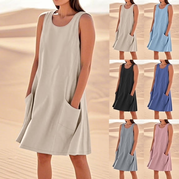 Eryao Linen Sundresses for Women Round Neck Sleeveless Dress with Pockets Solid Color Flowy Beach Tank DressesNavy,XL