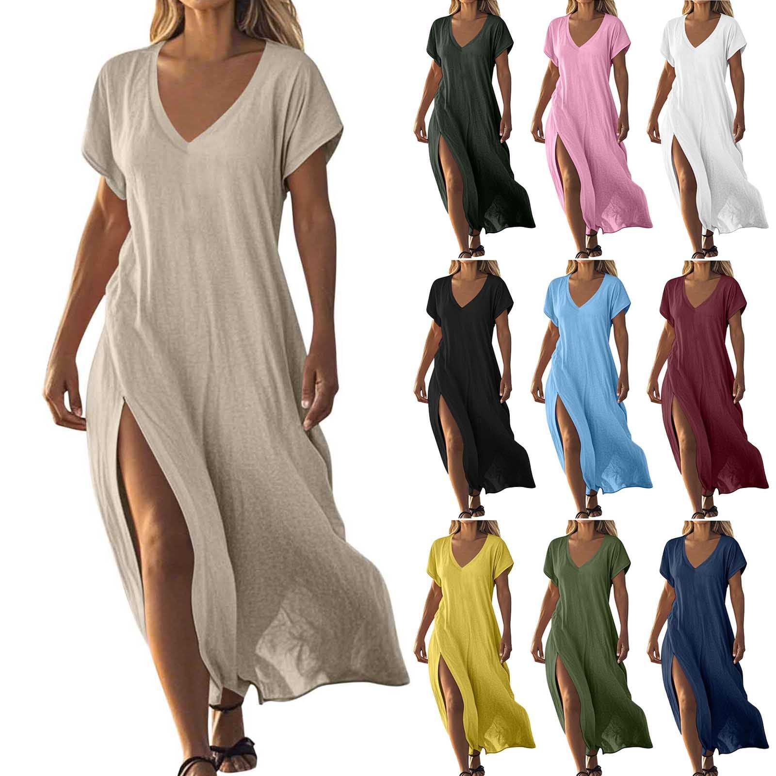 Eryao Linen V Neck Dresses for Women 2025 Vacation Beach Short Sleeve ...