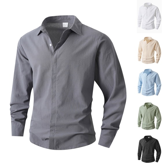 Eryao Long Sleeve Linen Dress Shirts for Men Button Down Lapel Collar Blouses Lightweight Casual Office Work Shirt,Beige,XXL