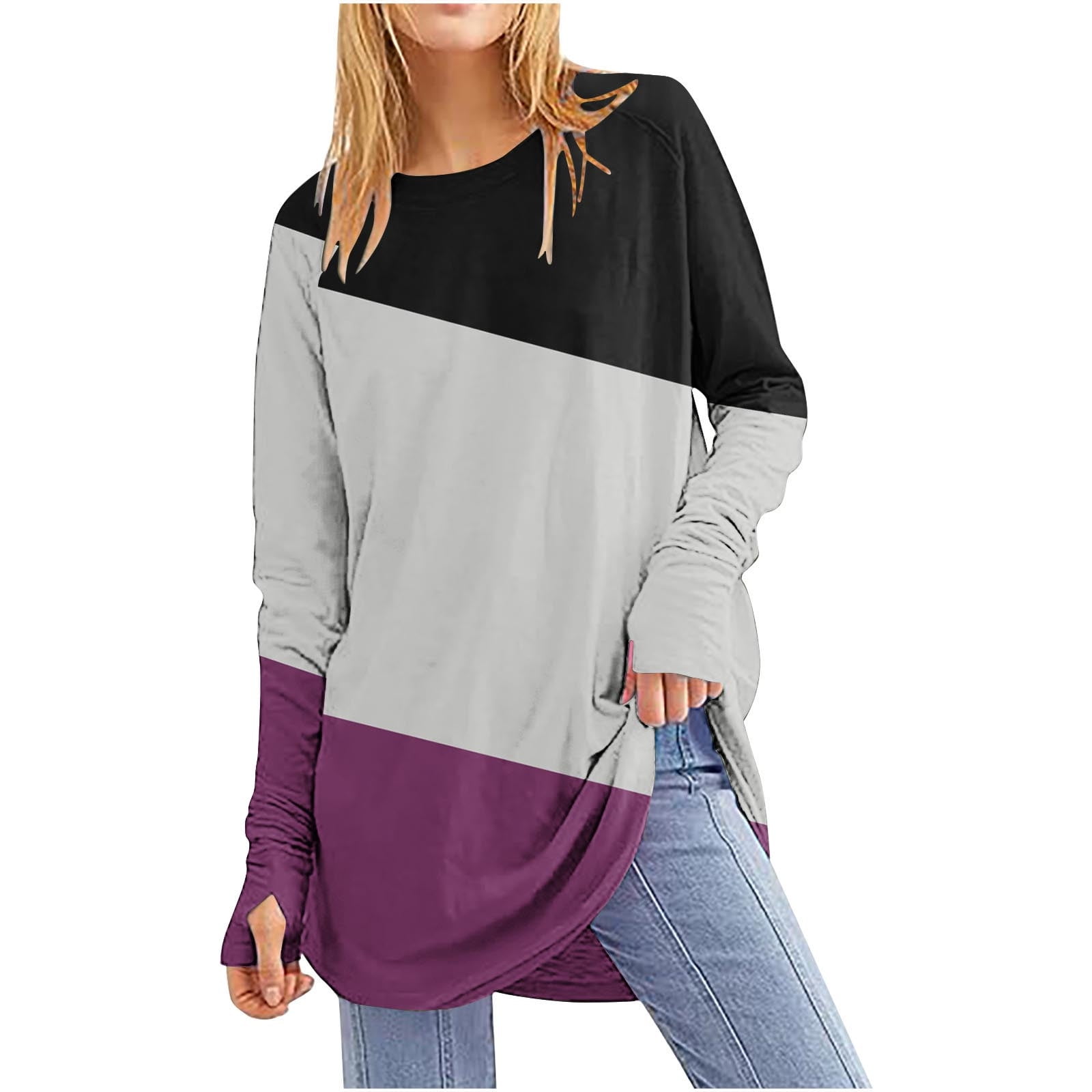 Eryao Womens Thumb Hole Shirts Long Sleeve Striped Fashion Tops