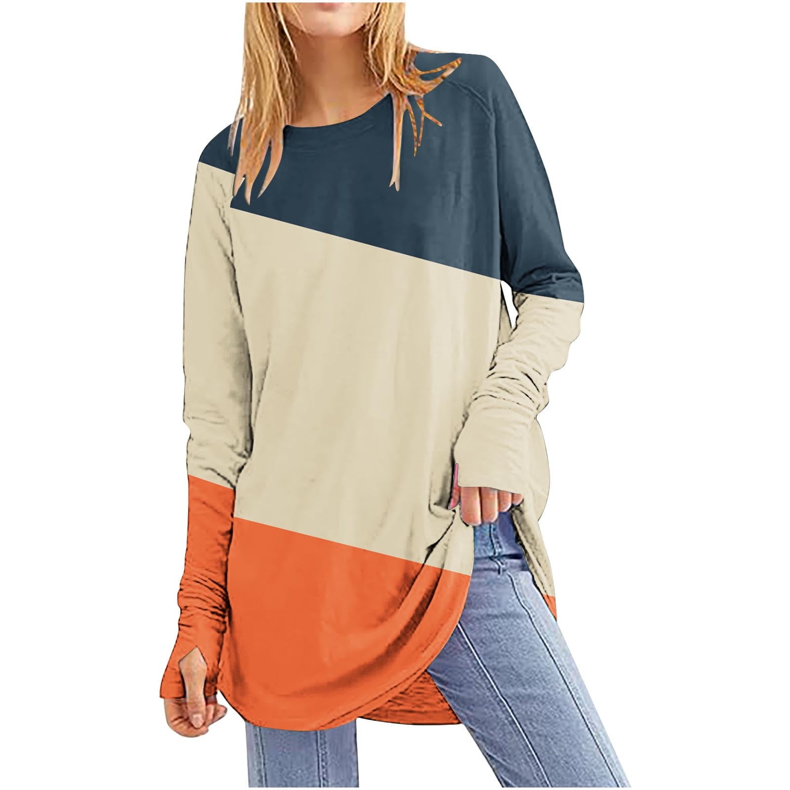 Eryao Womens Thumb Hole Shirts Long Sleeve Striped Fashion Tops