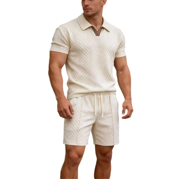 Eryao Men Set Outfit Two Piece Short Sleeve V Neck Tops and Drawstring Shorts with Pockets Summer Beach Lounge Sets,Beige,XL