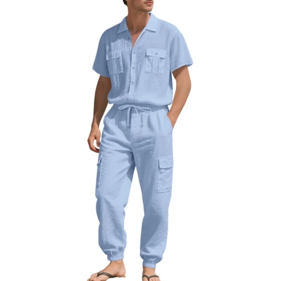 Eryao Men Tracksuit Set 2 Piece Cotton Linen Button Down Short Sleeve Shirts Matching Elastic Waist Cargo Pants with Pockets Loose Lightweight Outdoor Lounge Sets,Light Blue,XXL