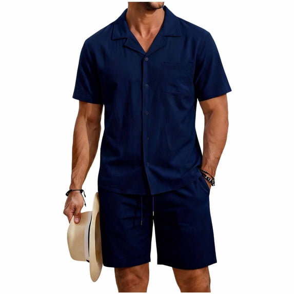 Eryao Men Workout Sets for Gym Summer Two Piece Beach Lounge Linen Outfits Casual Short Sleeve Button Down Shirts Matching Elastic Waist Shorts with Pockets,Navy,L