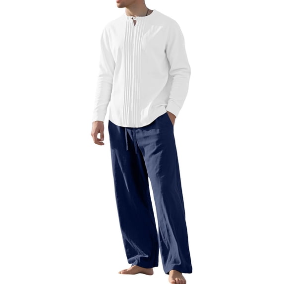 Eryao Men's 2 Piece Sets Casual Cotton Linen Crew Neck Long Sleeve Tops and Drawstring Waist Pants with Pockets Summer Vacation Beach Lounge Suits,Dark Blue,XXL