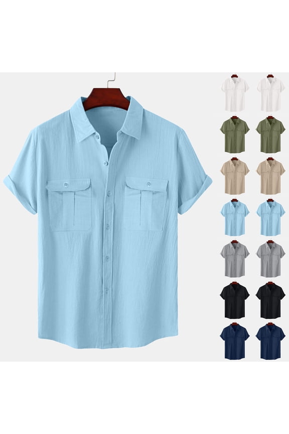 Men's Cotton Linen Collar Shirt with Pockets Solid Color Plain T-Shirts Casual Button Down Classic Short Sleeve Lapel Tops,Army Green,XXXL