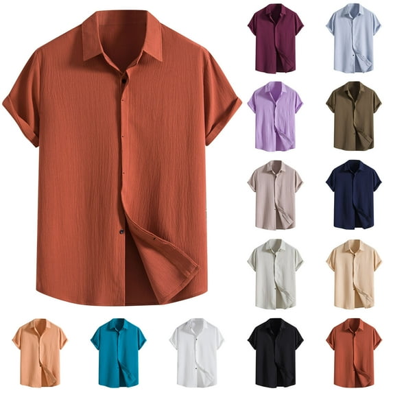 Eryao Men's Cotton Linen Short Sleeve Shirts Casual Lightweight Button Down Shirts Vacation Beach Summer Solid Turndown Collar Tops,Beige,L