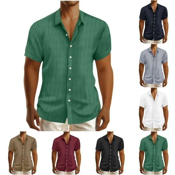 Eryao Men's Cotton and Linen Striped Jacquard Shirts Short Sleeve Solid Color Classic Tops Button Down Casual Beach Polo Tees,Navy,M