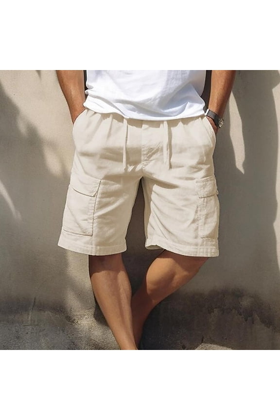 Men's Drawstring Linen Cargo Shorts Casual Elastic Waist Summer Beach Athletic Work Shorts with Pockets,Khaki,S