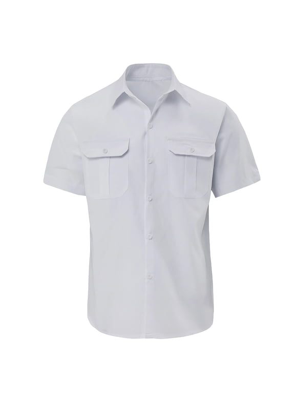 Men's Fishing Shirts Short Sleeve Casual Stretch Regular Fit Shirt Summer Button Down Work Shirts with Two Pockets White,XL