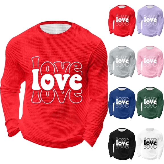 Eryao Men's Heart Printed Waffle Muscle T-Shirt Casual Long Sleeve Valentine's Day Pullovers Lightweight Festival Tops Pink,M
