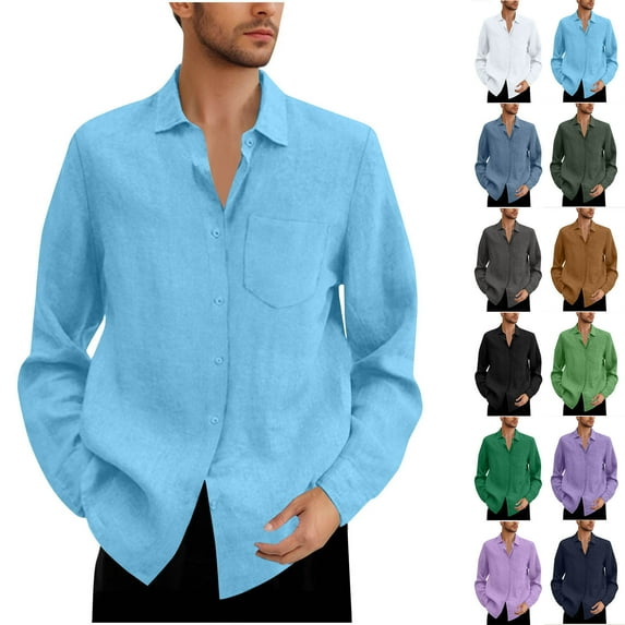 Eryao Men's Linen Shirts Casual Button Down Long Sleeve Shirt Solid Spread Collar Beach Vacation Blouses with Pocket,White,M