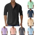 thumbnail image 1 of Eryao Men's Long Sleeve Linen Shirts Button V Neck Tops Casual Lightweight Stand Collar Blouses with Pocket,Dark Blue,XL, 1 of 7