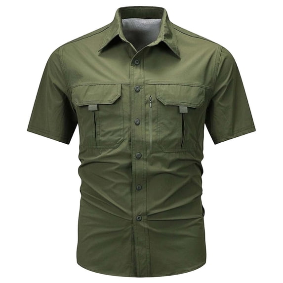 Eryao Men's Outdoor Cargo Button Down Shirt with Zipper Pockets Mesh Lining Quick Dry Hiking Blouses,Army Green,XXXXL