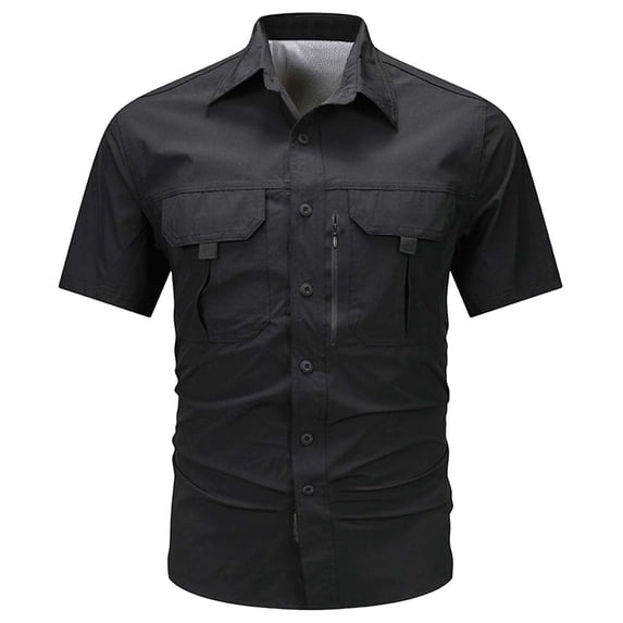 Eryao Men's Outdoor Cargo Button Down Shirt with Zipper Pockets Mesh Lining Quick Dry Hiking Blouses,Black,XXXXL