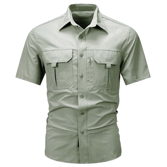 Eryao Men's Outdoor Cargo Button Down Shirt with Zipper Pockets Mesh Lining Quick Dry Hiking Blouses,Green,L