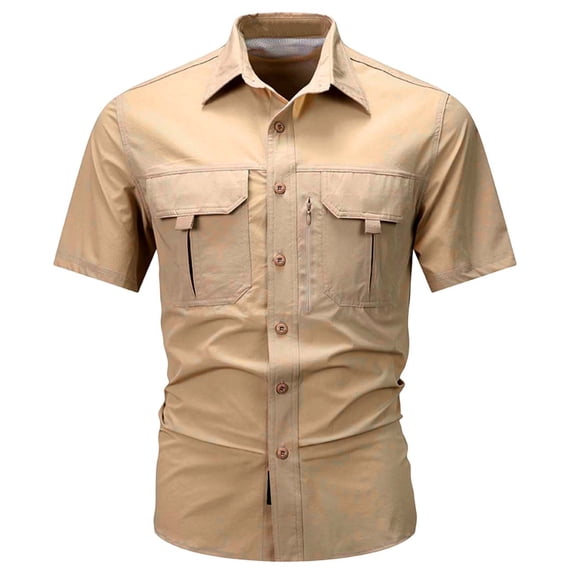 Eryao Men's Outdoor Cargo Button Down Shirt with Zipper Pockets Mesh Lining Quick Dry Hiking Blouses,Khaki,L