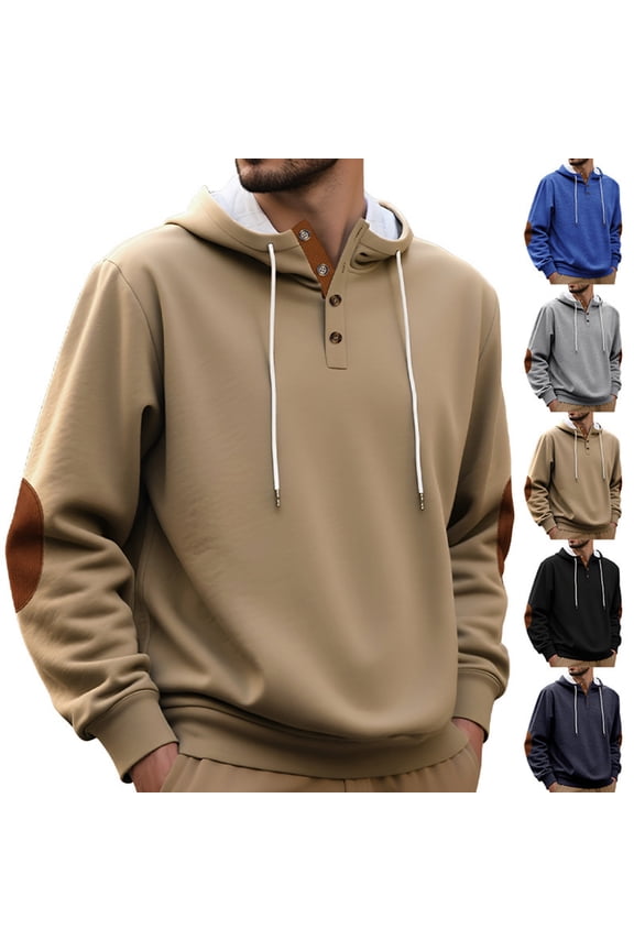 Men's Sherpa Lined Button Hoodie with Elbow Patches Winter Warm Outdoor Drawstring Sweatshirts,Blue,M