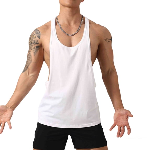 Eryao Men's Summer Athletic Sleeveless Tank Shirts Low Cut Racerback Workout Casual Pullover Tops,White,L