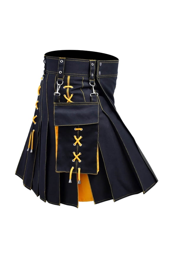 Men's Tartan Utility Kilt with Cargo Pockets Adjustable Buckle Highland Style Vintage Festival Party Costume,Yellow,M