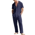 thumbnail image 1 of Eryao Men's Two Piece Linen Set Casual Button Down Hoodies Matching Drawstring Waist Pants with Pockets Summer Beach Vacation Lounge Sets,Navy,L, 1 of 9