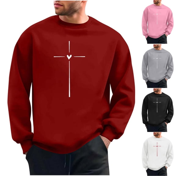 Eryao Men's Valentine Day Sweatshirts Big and Tall Long Sleeve Crewneck Pullover Tops Cute Love Heart Print Graphic Shirts,Black,M