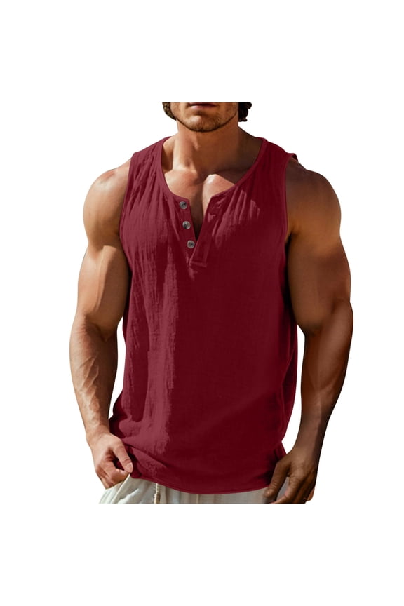 Men's Workout Tank Tops Sleeveless Gym Muscle Henley Shirts Casual Summer Beach Button V Neck Tees,Wine,XXL